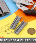 Built Tough Type M Hog Ring Clips And M Nails 3000 Pcs Zinc Plated Aluminum Upholstery Staples for couch reupholstering, displayed with pliers.