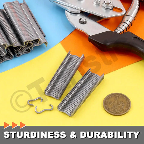 Built Tough Type M Hog Ring Clips And M Nails 3000 Pcs Zinc Plated Aluminum Upholstery Staples for couch reupholstering, displayed with pliers.
