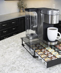 Rolling Coffee Pod Drawer With Tempered Glass And Black Finish, Holds 36 KCups, Slim Under Counter Storage For Coffee Pot Displayed