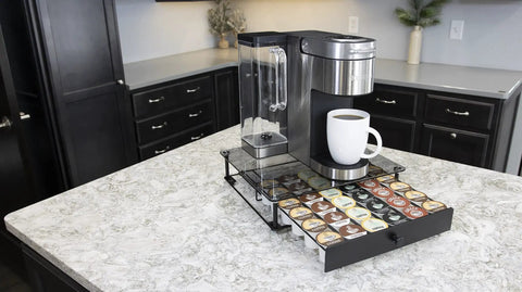 Rolling Coffee Pod Drawer With Tempered Glass And Black Finish, Holds 36 KCups, Slim Under Counter Storage For Coffee Pot Displayed