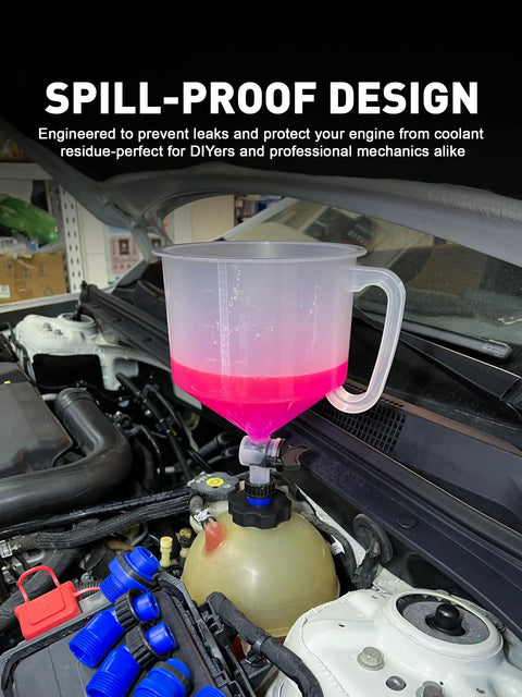 2026 Top Tier Coolant Bleeder Funnel Kit No Sweat Radiator Burping Aid with pink coolant in spill-proof design