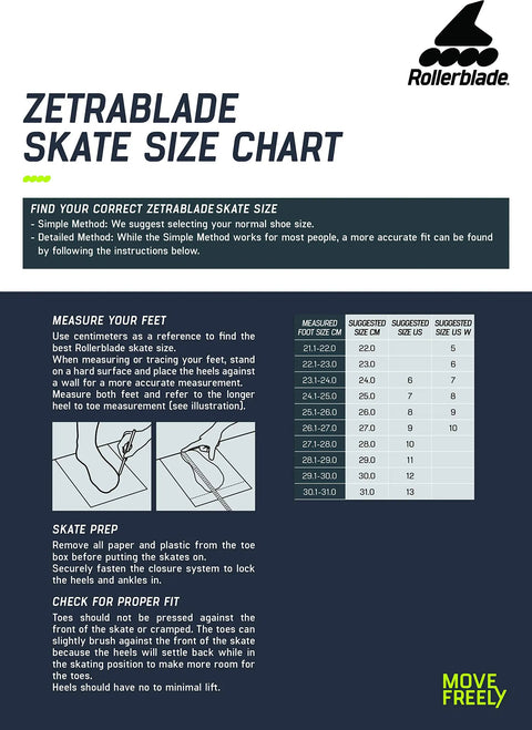 Zetrablade skate size chart showing measurements for correct Zetrablade Womens Inline Skates For Fitness And Casual Cruisin Skating.