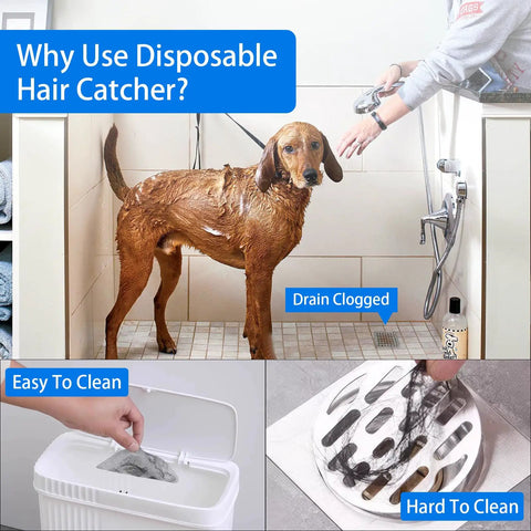 Image showcasing a dog in a shower with water, highlighting the need for Fifty Pack Disposable Drain Sticker Hair Catcher.