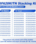 GE washer dryer model compatibility for GFA28KITN stacking kit, listing various models for Patented 28 Inch Washer Dryer Stacking Kit.