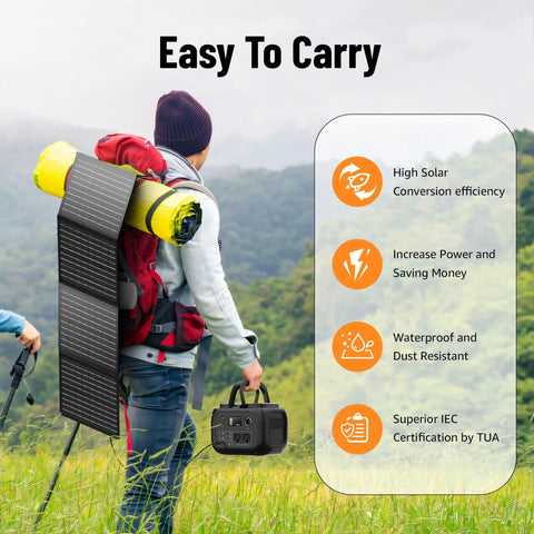 Person carrying Portable Solar Generator 300W Peak Power Station with 260Wh Battery and 40W Solar Panel for camping.