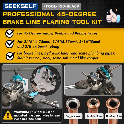 SEEKSELF brake line flaring tool kit, black; for 3/16–3/8 in tubing (4.75 mm); supports single, bubble and double flare