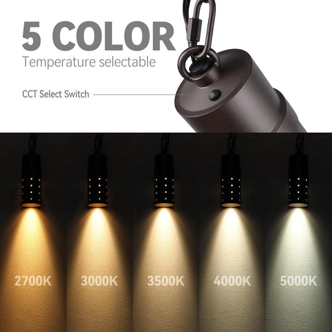 5CCT Low Voltage Outdoor Hanging Lights Set With Starry Sky Lighting, color temperatures displayed from 2700K to 5000K