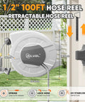 Heavy Duty Retractable Garden Hose Reel With 100 Ft Of Half Inch Hose, Wall Mount No Tangle Auto Lock, Light Grey, Installed