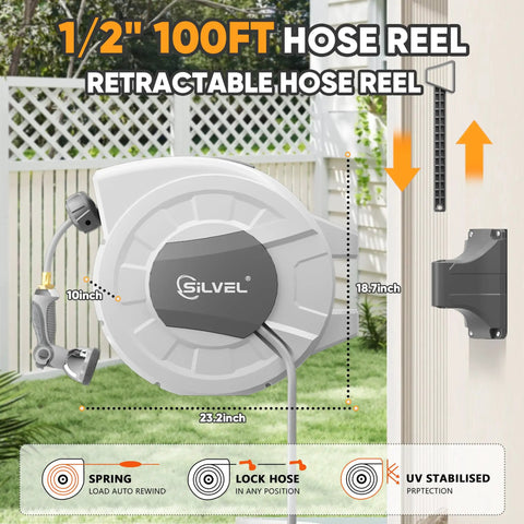 Heavy Duty Retractable Garden Hose Reel With 100 Ft Of Half Inch Hose, Wall Mount No Tangle Auto Lock, Light Grey, Installed