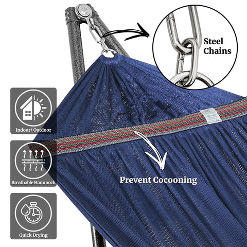 Close-up of blue two person hammock with stand, steel chains, and breathable 2-layer net for indoor and outdoor use.