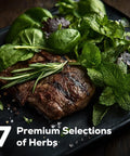 Plate with steak and fresh herbs including rosemary, basil, and mint, highlighting "7 Premium Selections of Herbs" in image text.