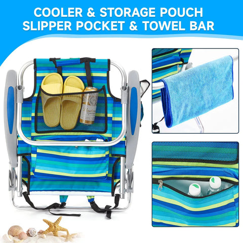 Two Pack Lightweight Portable Camping Beach Chairs for Adults with towel bar and zipper pouch, ocean striped design.
