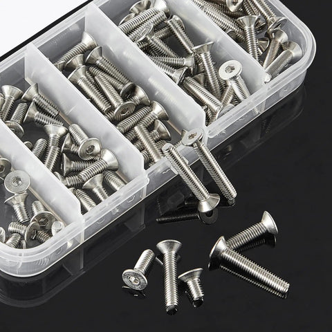 Stainless Steel 304 M4 Countersunk Hex Socket Cap Screws Flat Head Allen Drive Fully Threaded Assortment Kit 8mm 12mm 16mm 20mm 25mm Lengths Bright Finish 100 Pcs shown in a kit box.