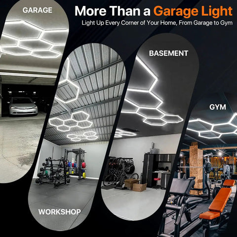 Eight Grid Honeycomb Hexagon LED Garage Light 245W Ultra Bright 6500K Cool White installed in garage and gym settings.