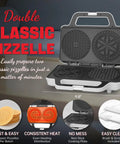 SugarWhisk Electric Pizzelle Maker Non-Stick Stroopwafel Iron And 5 Inch Cookie Machine With Four Inch Mold showing open grill with two molds.