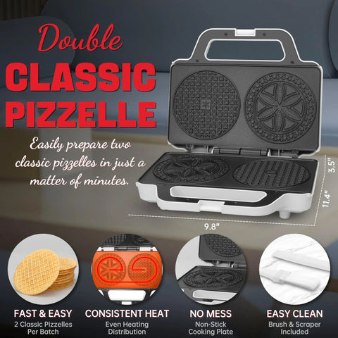SugarWhisk Electric Pizzelle Maker Non-Stick Stroopwafel Iron And 5 Inch Cookie Machine With Four Inch Mold showing open grill with two molds.
