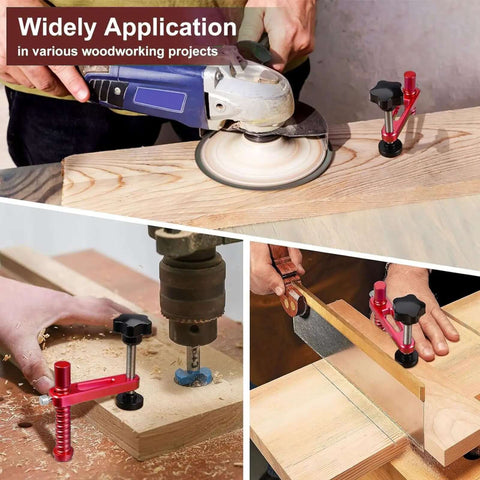 Clamp Set 20mm With Protective Pads For Woodworking On A Workbench Table Red Aluminum Alloy in use for drilling and cutting