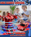 Two kids playing with Transforming RC Car Toy With Eye Lights And Underbody Lights 2 4Ghz, car to robot transition shown.