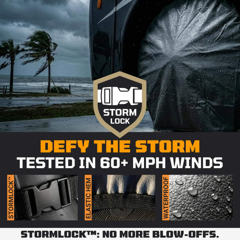 Heavy Duty Tire Covers Set Of Four For 26 To 28.75 Inch Tires, All Weather UV Resistant With StormLock System on vehicle in storm