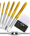 Six Piece Metric Tap Set With Wrench Pro Grade Quality For Metal Aluminum Plastic Wood Includes M2x0.4 M2.5x0.45 M3x0.5 M4x0.7 M5x0.8 M6x1.0 HSS Titanium Plated For Tough Durability In A Handy Storage Box