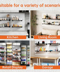 Four scenarios showing Six Shelf Wood Slatwall Shelves Kit With 12 Steel Brackets for garage, kitchen, living room, retail display