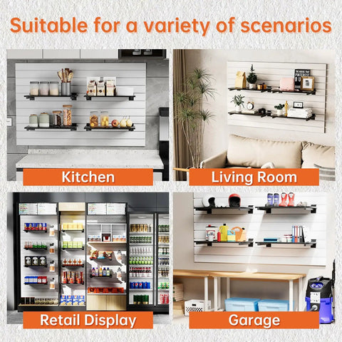 Four scenarios showing Six Shelf Wood Slatwall Shelves Kit With 12 Steel Brackets for garage, kitchen, living room, retail display