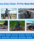 Belleone 420 motorcycle chain collage; 132-link roller chain with chain breaker and 10 master links for 50–125cc bikes, ATVs, dirt bikes.