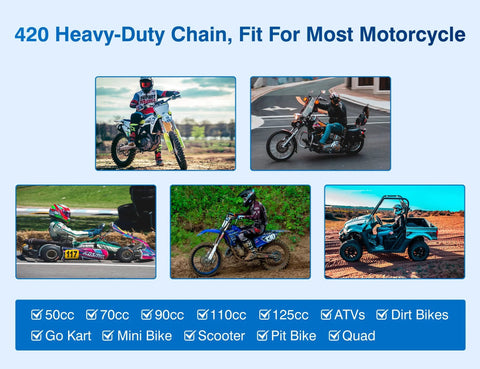 Belleone 420 motorcycle chain collage; 132-link roller chain with chain breaker and 10 master links for 50–125cc bikes, ATVs, dirt bikes.
