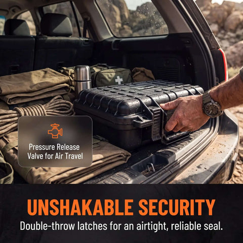 Rugged IP67 Waterproof Dry Box To Keep Your Cameras And Action Gear Toast From Water Hits Featuring Adjustable Foam Pad Inserts and Heavy Duty Seals In Matte Black Finish in a vehicle with gear.