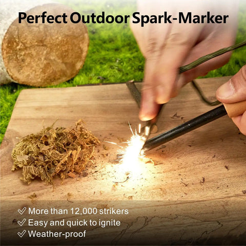 Using Ultimate Flint And Steel Fire Starter Kit with 3.5 Inch Ferro Rod to make sparks on wooden board with tinder.