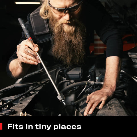 Mechanic using Telescoping Magnetic Pickup Tool With A 25 Pound Pull Stainless Steel Magnet Extendable Up To 30 Inches Non Slip Rubber Grip Rust Proof And Corrosion Resistant Easy Retrieval Of Small Metal Parts From Tight Spots under car hood