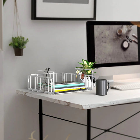 Hella Versatile Two Pack Under Shelf Wire Baskets White Metal Drop Down Organizers with notebooks and keys on a desk.
