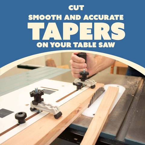 Adjustable Taper and Straight Line Jig With Blade Safe Hold Downs on table saw for precise woodworking cuts