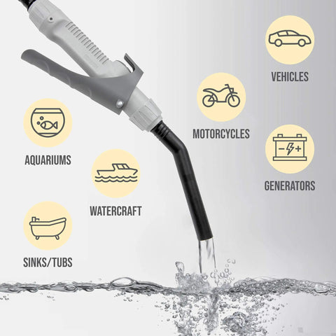 Electric Fuel Transfer Pump With Adjustable Flow Nozzle For Fast Siphoning From Gas Cans To Cars And Equipment, Fits Most Standard Cans, No Heavy Lifting, Ideal For Auto Lawn Generator And Marine Use. White and black pump with flow lever, used for vehicles, motorcycles, generators, watercraft, sinks.