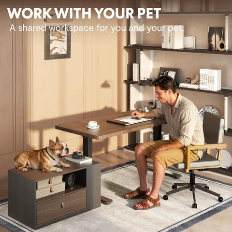 Electric Height Adjustable L Shaped Standing Desk With Massive Storage Cabinet And Open Shelving In Rich Black Walnut Finish, stylish home setup with person and dog.