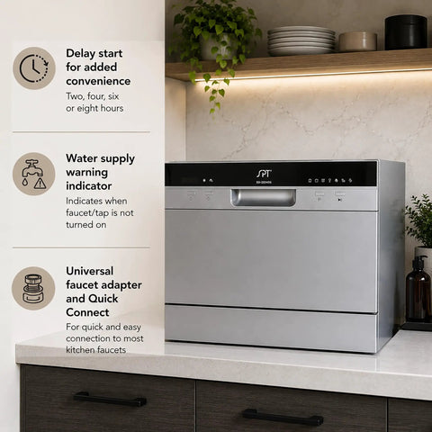 Sleek Compact Countertop Dishwasher With Delay Start And Seven Wash Cycles Portable Kitchen Essential Featuring Stainless Steel Interior showing delay timer and water supply warning indicator.
