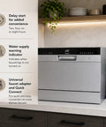 Compact Countertop Dishwasher With Bright Led Controls Delay Start Energy Star Rated Six Place Settings Smooth Operator Automatic Detergent Dispenser No Sweat Setup Universal Faucet Adapter Sleek Silver Finish on countertop with features.