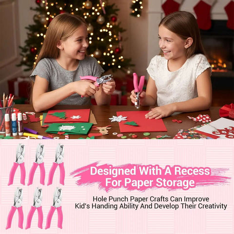 Children using Six Piece Craft Hole Punch Set For Scrapbooking And Binders, 1/4 And 3/16 Inch Handheld Hole Punches with shapes