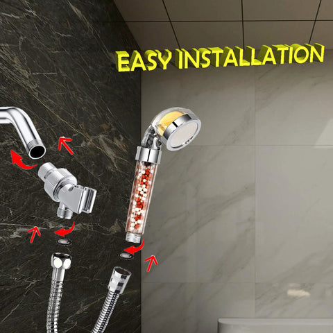 Vitamin C Shower Head Filter With Hose And 3 Replacement Balms, Easy Install Illustrated on Marble Wall