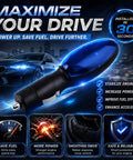 Universal Fuel Saver For Cars And Trucks 12V Plug And Play Gas And Diesel Booster Eco Friendly Fuel Efficiency Device Smart Electrical Stabilizer For Smoother Acceleration OBD2 Compatible Easy Install Pack Of Two displayed with benefits icons and a car in the background