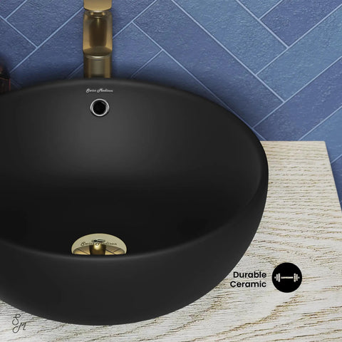 Sublime Round Vessel Sink In Matte Black With Above Counter Installation, Durable Non Porous Scratch Resistant Ceramic, No Faucet Included