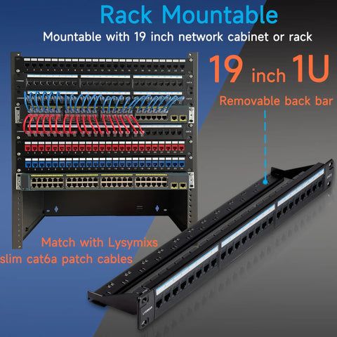 24 Port RJ45 Patch Panel Cat6 Pass Through Patch Panel 19 inch inline keystone Ethernet network panel with removable back bar installed