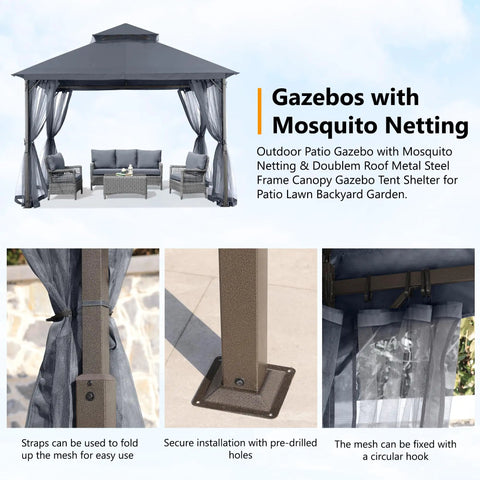 Outdoor Patio Gazebo 11x11 With Double Roof Canopy And Mosquito Netting For Backyard Deck Garden And Lawn In Dark Gray