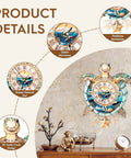 Hands-On 3D Clock Kit For Adults, Turtle Design Mechanical DIY Pendulum Clock shown on wall with details of Roman numerals and quartz movement.