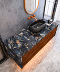 Glossy Blue Gold Marble Countertop Contact Paper 32 Inch Wide By 354 Inch Long Marble Peel And Stick Wallpaper Waterproof Removable on a wood vanity in bathroom setting