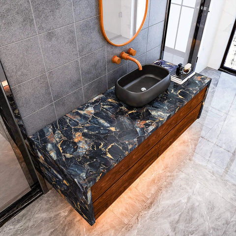 Glossy Blue Gold Marble Countertop Contact Paper 32 Inch Wide By 354 Inch Long Marble Peel And Stick Wallpaper Waterproof Removable on a wood vanity in bathroom setting