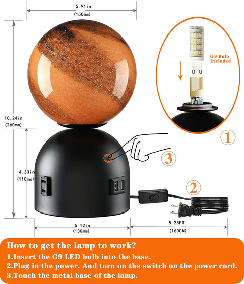 Small Touch Bedside Table Lamp With USB Port And Outlet, Mars texture shade, showing dimensions and USB ports.