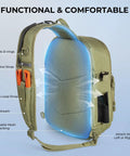 Back view of Karryall Sling Tackle Bag For Fishing, Lightweight Sling Pack With Rod Holder, highlighted breathable mesh backing