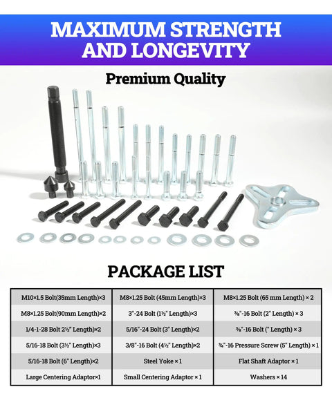 46 Piece Harmonic Balancer Puller Kit Pro Grade With bolts, washers, and yokes displayed, highlighting package contents.