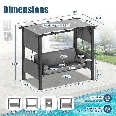 Dimensions of outdoor porch swing with stand and adjustable canopy, 3-seat swing with cushions, in a backyard setting